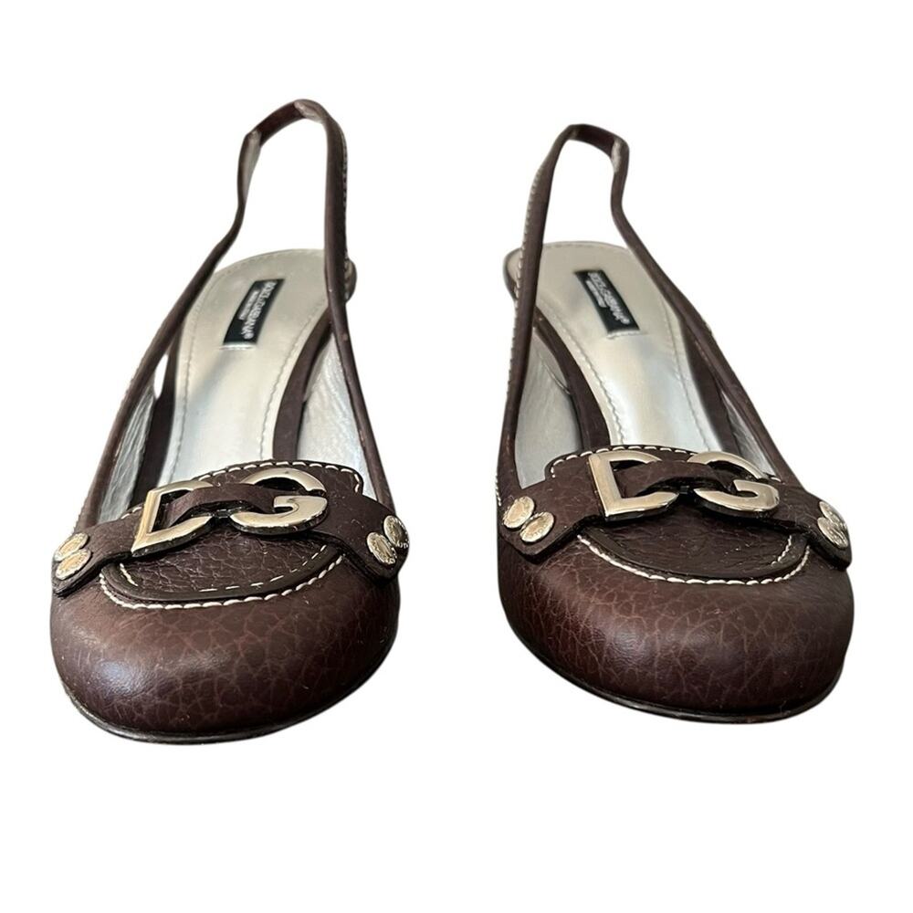 Dolce & Gabbana Women’s Vintage Y2K Brown Round Toe Silver Logo Pump Heels 38 - Picture 5 of 11